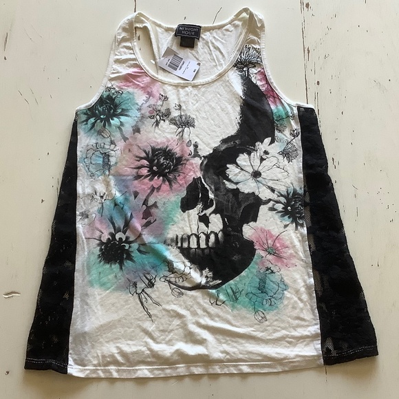 NWT Hot Topic Midnight Hour Floral Skull Print Lace side Tank Top Medium - Picture 1 of 7